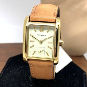 Tory Burch Women's Watch TBW1068 Tank Cream Dial Gold Quartz Brown Leather Band